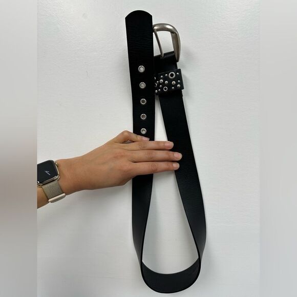 Black Genuine Leather Belt Silver Studded & Grommet Buckle Size S main image 5